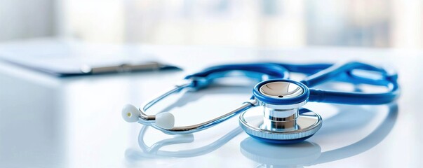 Close-up of a blue stethoscope on a white desk in a medical office with blurred background.