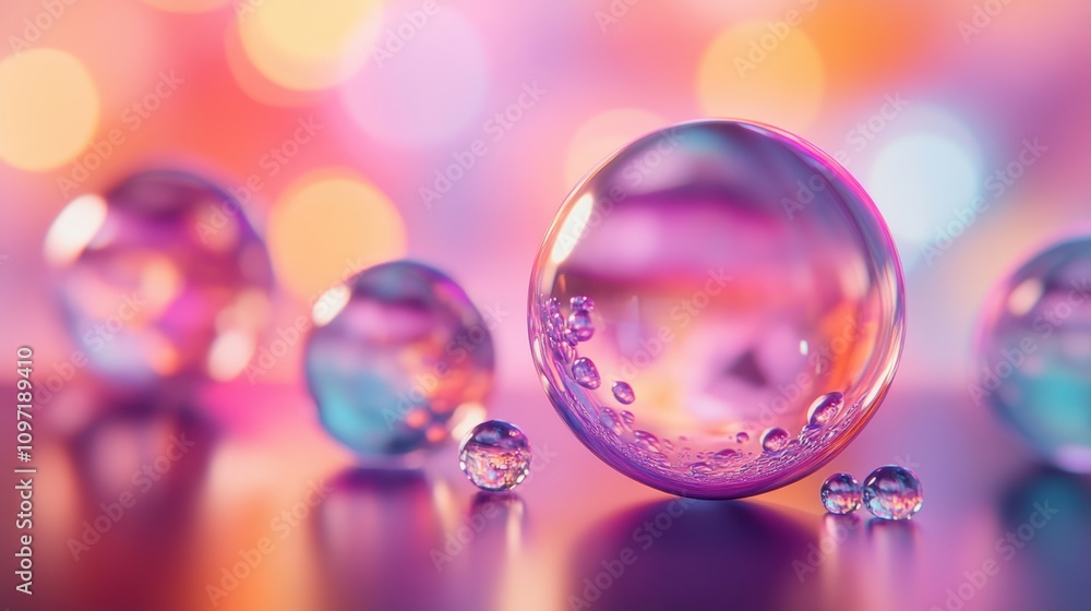 Poster transparent colorful bubbles on reflective surface with blurred multicolored lights.