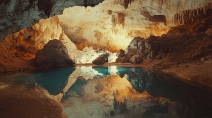 A hidden cave in Vietnam with a crystal-clear pool at the center, reflecting the intricate cave walls and formations