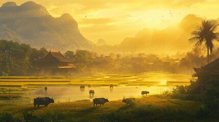 A peaceful rural village in Vietnam, with farmers tending to rice paddies and buffalo grazing in the fields under the golden sunlight