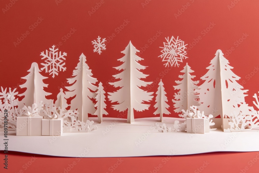 Aufkleber Intricate paper cut-outs of trees and snowflakes create a whimsical holiday card design on a vibrant red backdrop. Generative AI
