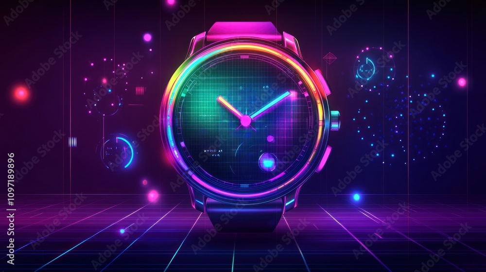 Poster Futuristic Smartwatch Displaying Time and Data