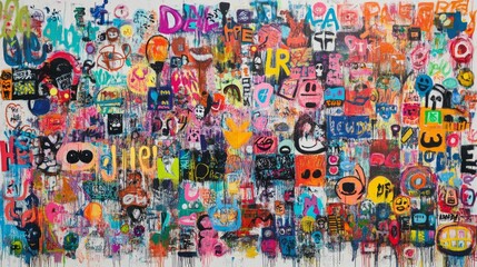 Colorful graffiti on a white background, with numerous vibrant tags and symbols. Street art background texture