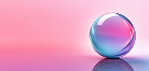 Obraz premium A translucent glass or crystal sphere with iridescent blue and pink reflections sits on a reflective surface against a soft pink gradient background. Generative AI.