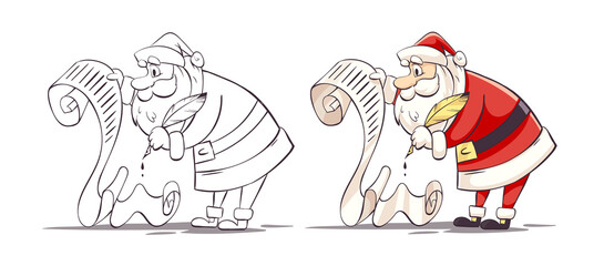 Santa claus is filling a good boys and girls list for Christmas Holiday gifts. Cartoon christmas character of santa with parchment paper feather pen. Hand-drawn contour drawing. PNG Illustration.