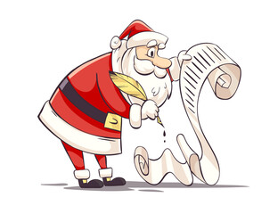 Santa claus is filling a good boys and girls list for Christmas Holiday gifts. Cartoon christmas character of santa with parchment paper feather pen. Hand-drawn contour drawing. PNG Illustration.