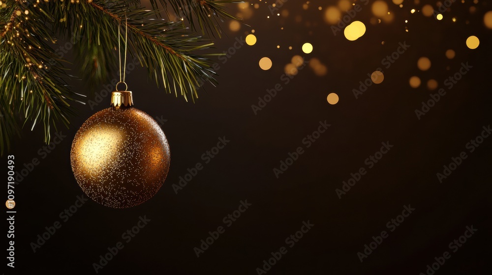 Poster A beautiful golden Christmas ornament glistens as it hangs elegantly from a lush pine branch, creating a festive atmosphere. Generative AI