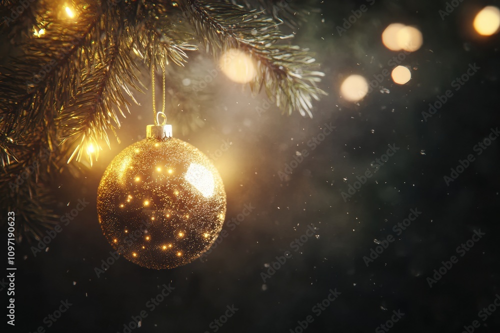 Aufkleber A golden Christmas ornament shines brightly, hanging from a pine branch, while soft lights twinkle in the background, creating a festive atmosphere. Generative AI