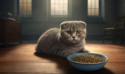 A Scottish lop-eared cat eats while sitting on a wooden floor.