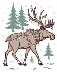 Retro Vector Christmas Scene Featuring a Decorated Reindeer in a Winter Landscape