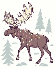 Retro Christmas Vector Illustration of a Festive Moose in a Winter Wonderland Environment