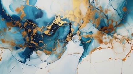A mesmerizing inc painting featuring swirling blue and gold hues in a harmonious dance across a clean white canvas.