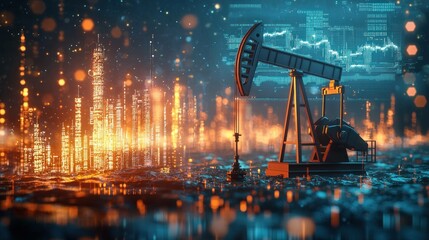 Oil pump jack against a backdrop of glowing city skyline and financial data, symbolizing energy production and industrial growth in a digital age.