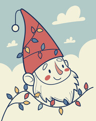 Retro Christmas Vector Art Featuring a Cheerful Gnome with Colorful Lights in a Soft Sky Environment