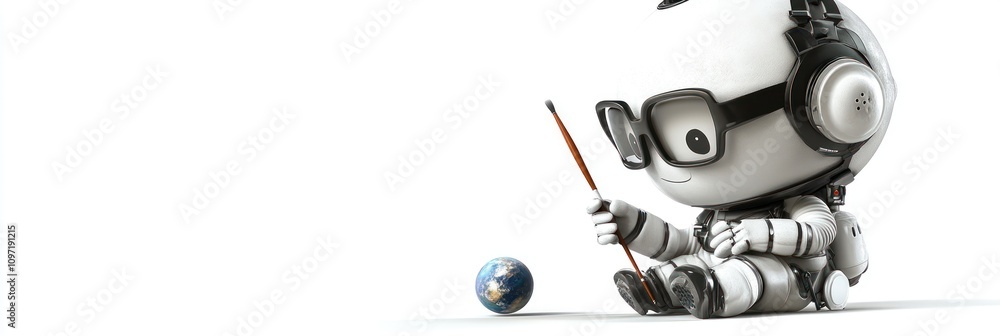 Poster a cute robot child curiously interacts with a small globe.