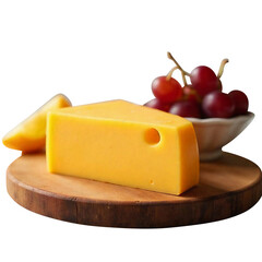 A block of Gouda cheese on a rustic cutting board with a small bowl of grapes, all against a clean white backdrop.