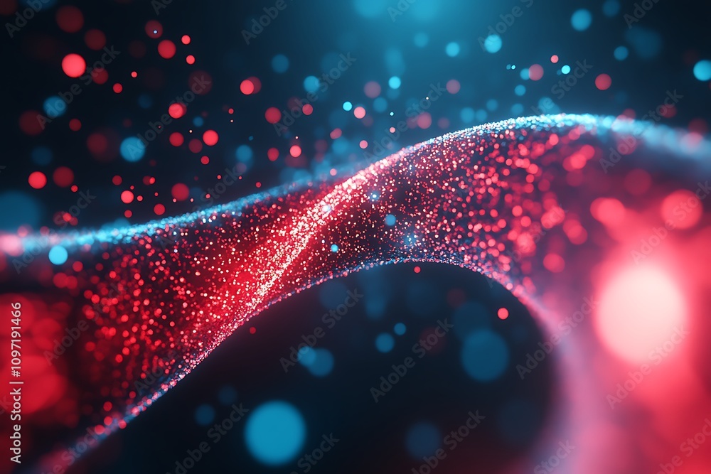 Poster a vibrant abstract wave of red and blue particles creating a dynamic visual effect.