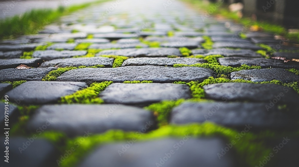 Poster a close-up view of cobblestone pavement with green moss growing between the stones.