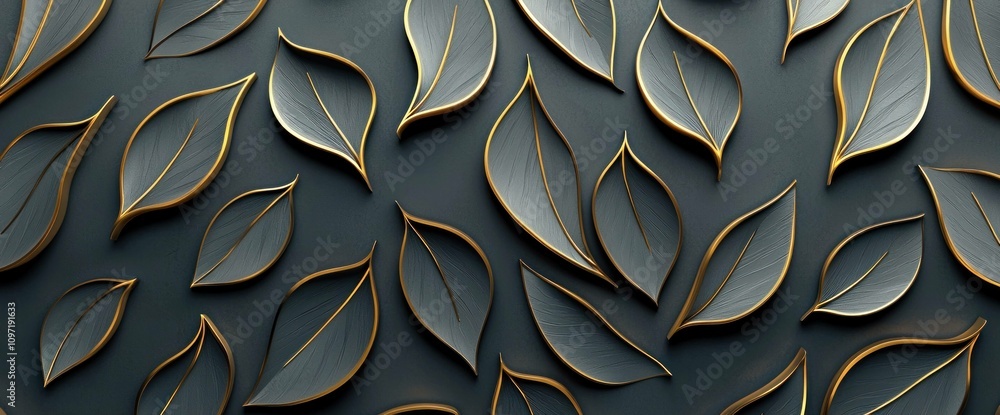 Poster elegant leaves pattern with a dark background, featuring subtle golden outlines highlighting the int