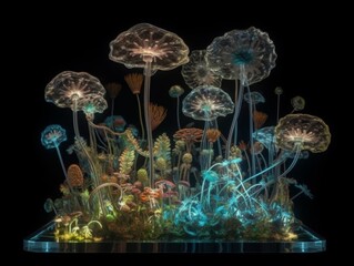 A glass sculpture captures the delicate beauty of dandelions in a mesmerizing dance of organic forms and roots. Generative AI