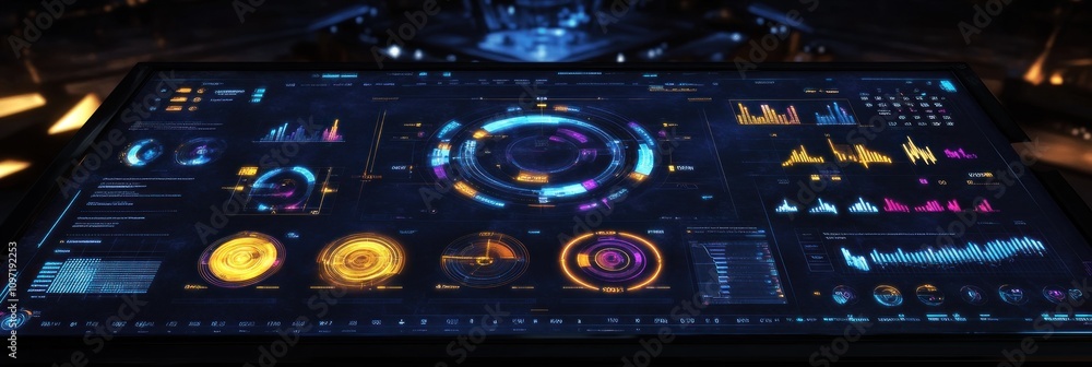 Poster Futuristic dashboard displaying data analytics and visualizations.