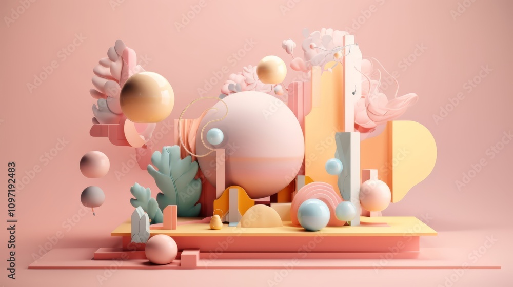 Poster vibrant pink and yellow background adorned with an array of various objects, creating a captivating 