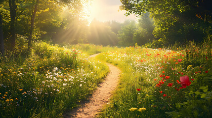Obraz premium A sunlit path winds through a vibrant wildflower meadow in a lush green forest. Sunlit Meadow Path. Illustration