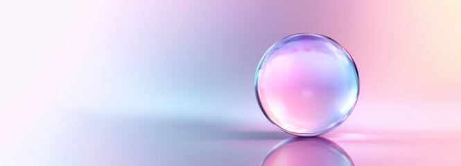 A transparent glass sphere reflects soft pink and blue gradients while sitting on a mirrored surface, creating a delicate play of light and color against a dreamy pastel background. Generative AI.