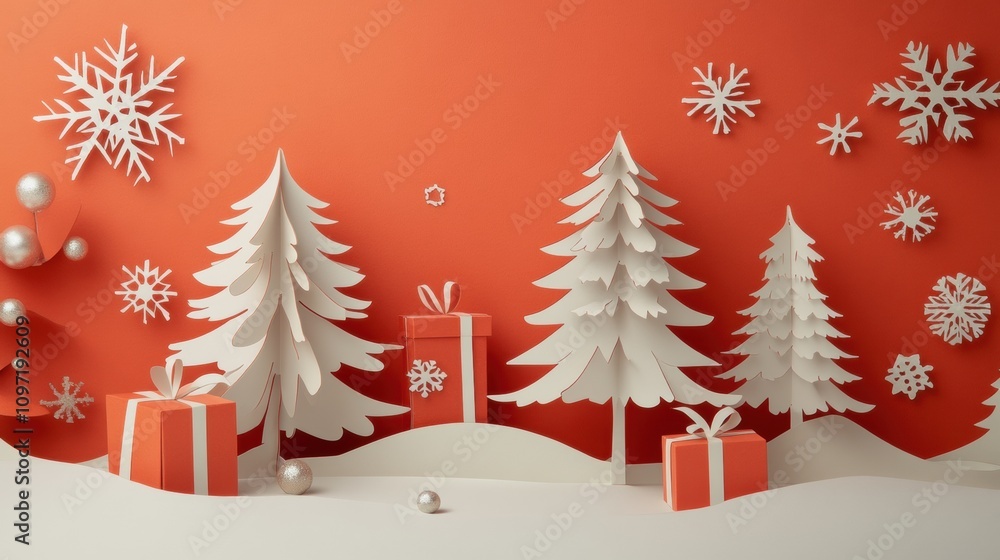 Aufkleber vibrant holiday card showcases intricate cut-out trees and presents, creating a festive atmosphere w