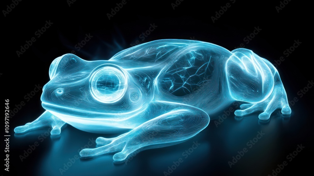 Poster a glowing, translucent frog showcasing its internal structures in a futuristic style.