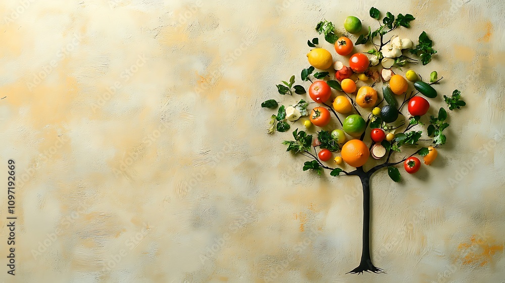 Poster a creative arrangement of fruits and vegetables forming a tree shape on a textured background.