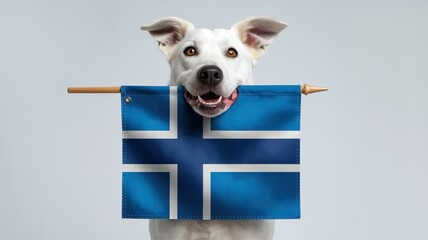 Joyful dog holding finnish flag on gray background celebrating finland independence day concept