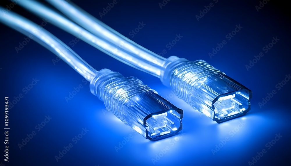 Poster two illuminated network cables with connectors, symbolizing connectivity and data transfer.