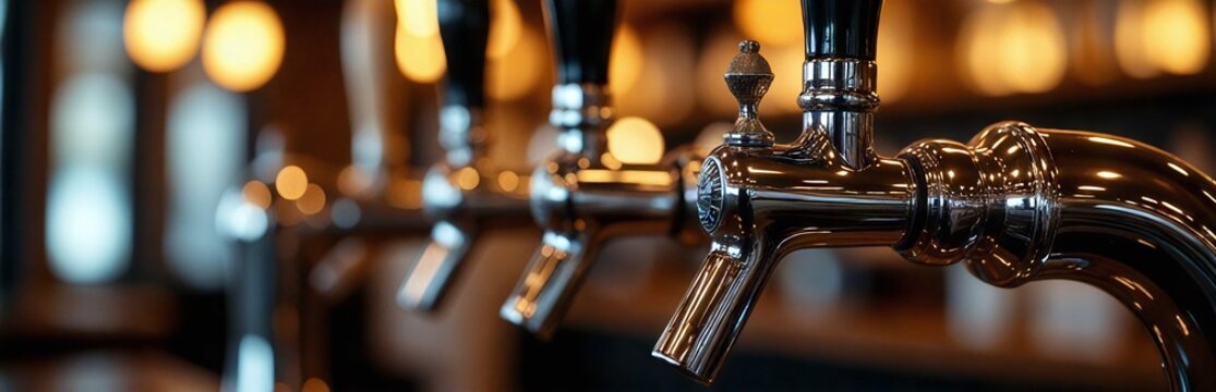 Shiny beer taps in a warmly lit bar, concept for breweries and craft beer culture - Powered by Adobe