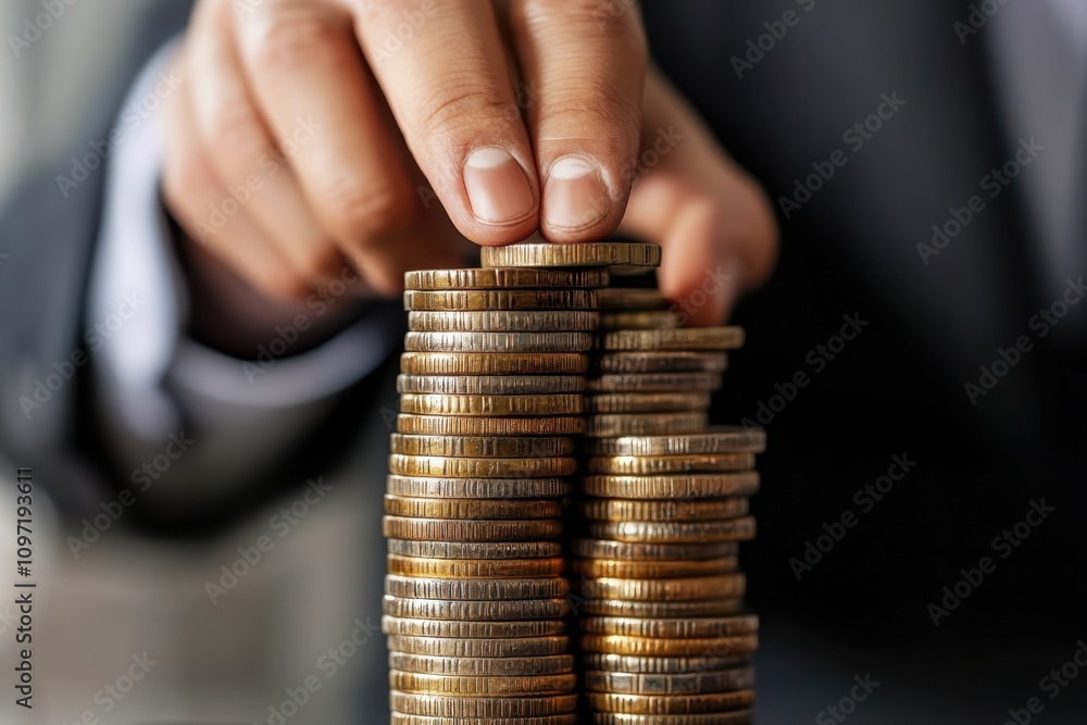 Poster stacking coins in a business setting to represent savings and investment strategies