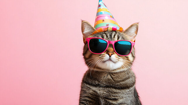 Cute tabby cat in pink sunglasses and a colorful party hat, having a birthday celebration on a pink backdrop