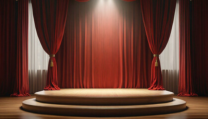 
3d wooden podium with red curtain and lighting background for product display. Generative AI