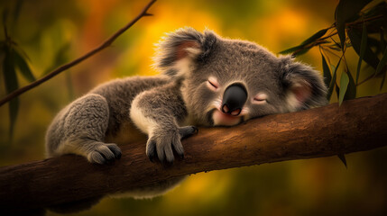 A koala peacefully sleeping on a tree branch.