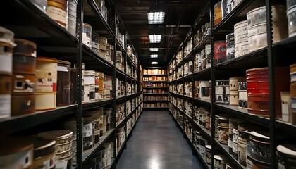 A narrow aisle in a storage facility lined with labeled containers and boxes.