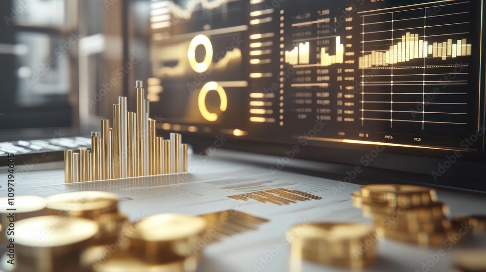 Aufkleber A digital interface displaying financial data with gold coins and a 3D bar chart.