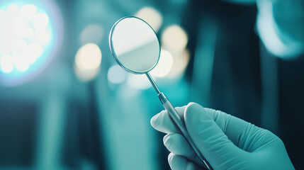 Close-up of a hand holding a dental mirror.