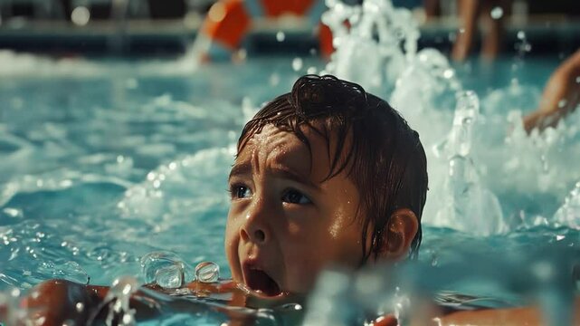Child in Distress in a Swimming Pool, Crying for Help as Water Splashes Around. Focus on Water Safety and Lifeguard Awareness. Video Made Using Generative AI. - Powered by Adobe