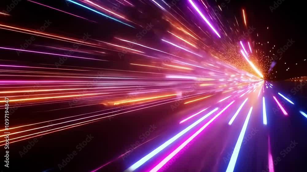 Poster a dynamic burst of colorful light streaks, creating a sense of motion and speed in a vibrant, abstra
