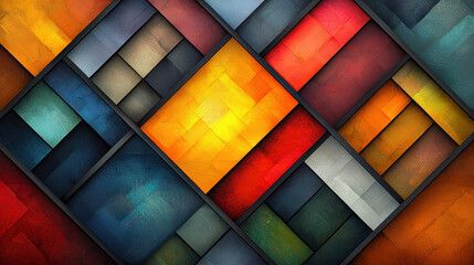 Fototapeta premium Colourful abstract mosaic of layered patterns with vibrant tones of red, yellow, and blue.