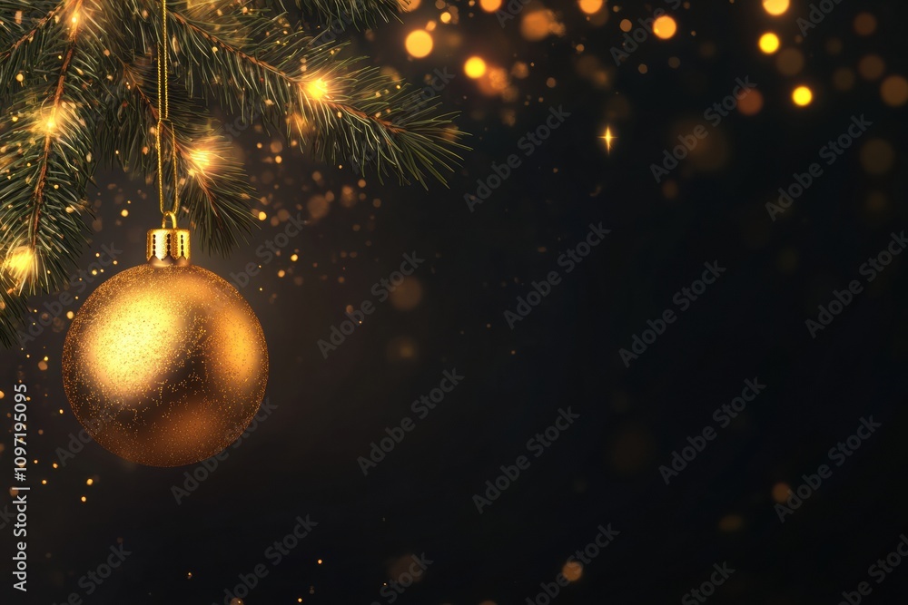 Poster a dazzling golden ornament hangs from a pine branch, illuminated by soft, warm lights creating a fes