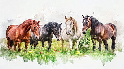 Fototapeta premium Four colorful horses grazing in a green field with scattered apples, enhanced with a watercolor painting effect