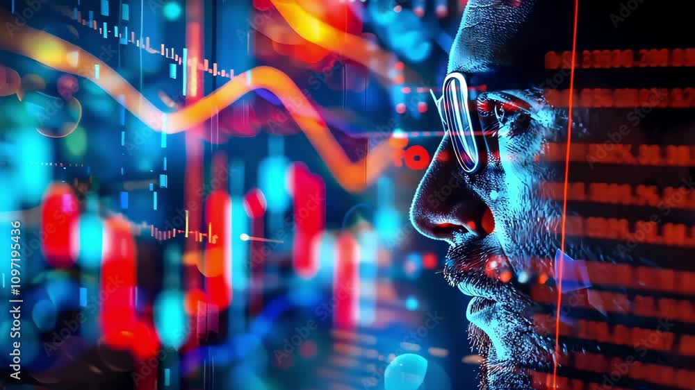 Poster a person looking at digital financial data and graphs, highlighting analysis and technology in the f