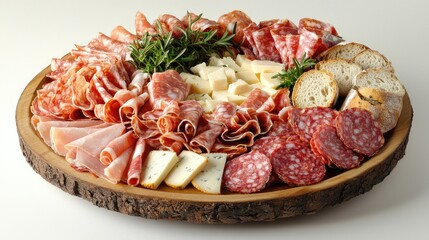 Obraz premium Delicious Charcuterie Board with Assorted Meats, Cheeses, and Bread on Rustic Wooden Platter