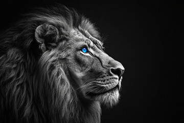 Striking Portrait of a White Lion with Blue Eyes on a Black Background, Capturing Majesty, Strength, and Elegance in Monochrome Wildlife Photography