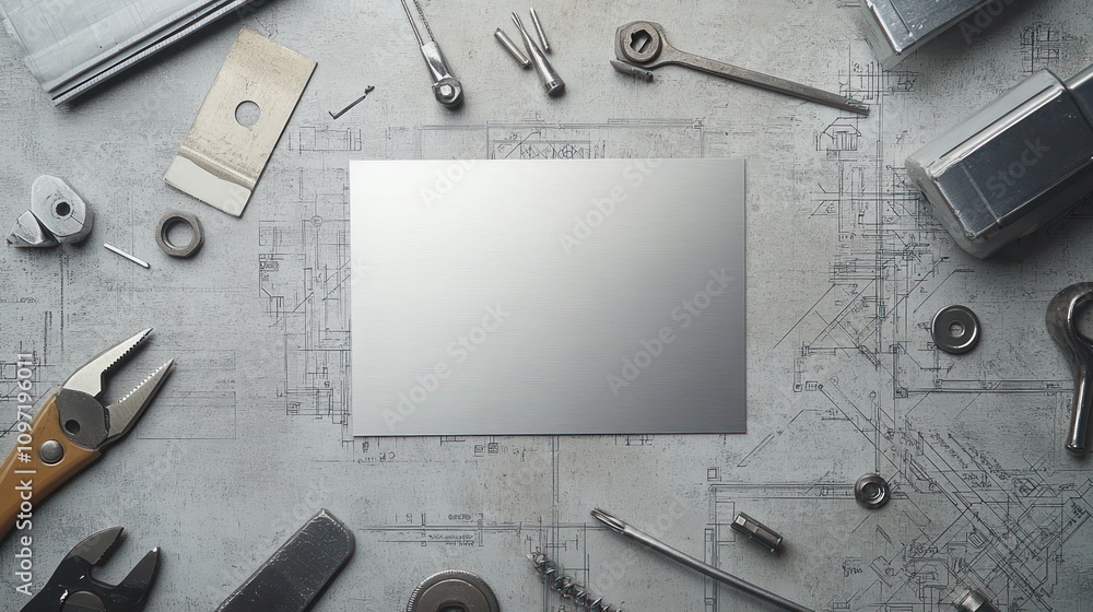 Poster A collection of tools and hardware parts arranged around a blank metal plate on a blueprint background.